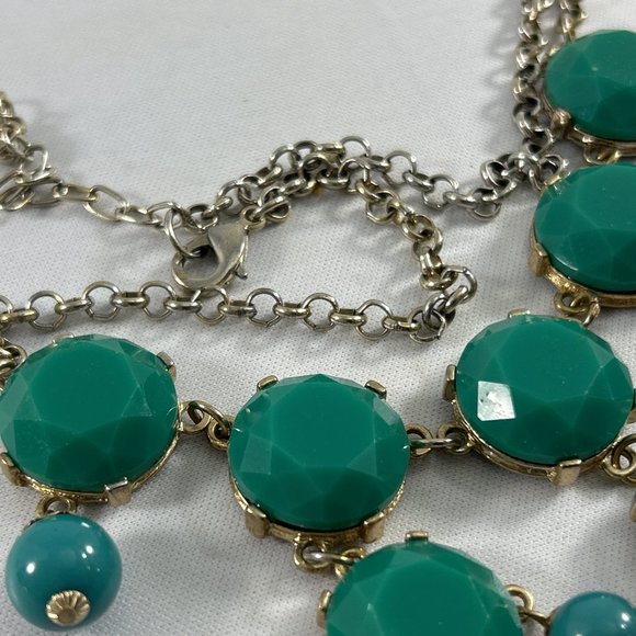 Silver Tone Necklace Green Dangle Beaded Bib Statement 17"-21" - Picture 2 of 4